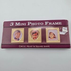 3 Vintage Mini Photo Frames Circle Heart Square‎ Shape New in Box Gold Tone